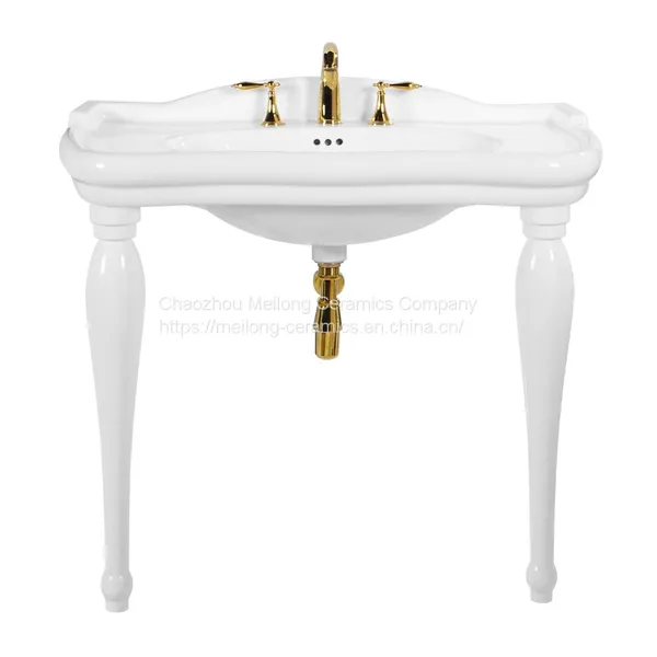 Standing Porcelain Console Sink With Solid Wood Spindle Legs
