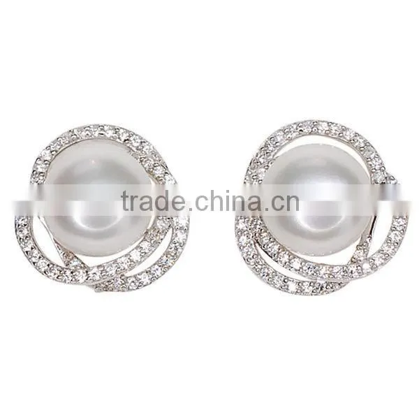 Sterling Silver Button Freshwater Pearl and Cubic Zirconia Flower Earrings photo-2