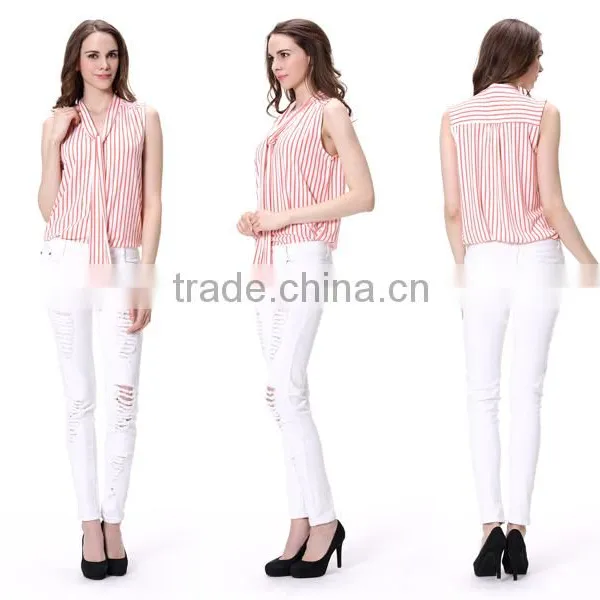 Lady Fashion Pink Striped Printed Tie Sleeveless Tops photo-4