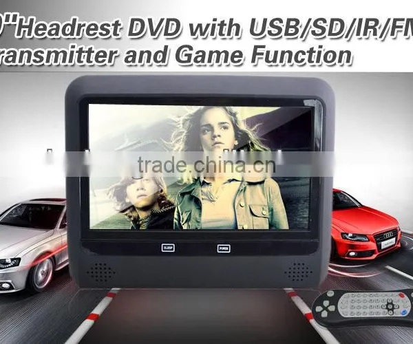 AC 2013 Newest Headrest Monitor DVD With USB/SD/IR/FM Transmitter and Game Function Car Pillow Headrest Monitor Dvd Player