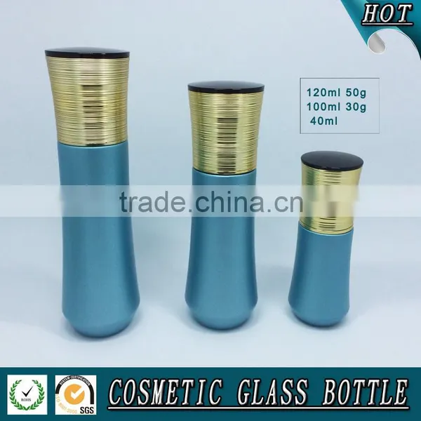 Bule Colored Cosmetic Glass Lotion Pump Bottle and Cosmetic Luxury Jar photo-2