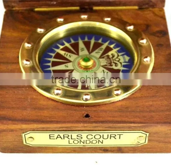 Antique Vintage Solid Brass Gift Compass With Wooden Box 13522 photo-3
