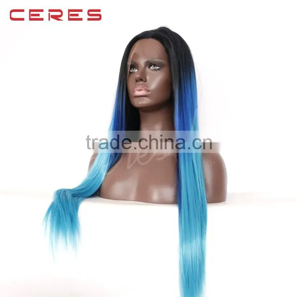 Synthetic Hair Black Root Blue Ombre Straight Lace Front Wig Hair Wigs photo-3