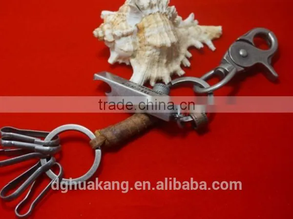 Antique Silver Alloy Keychain With Coiled Real Leather Cord and Beer Bottle Opener photo-2