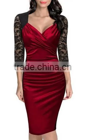 Women's Deep-V Neck Ruffles Floral Lace Fitted Retro Evening Pencil Dress photo-4