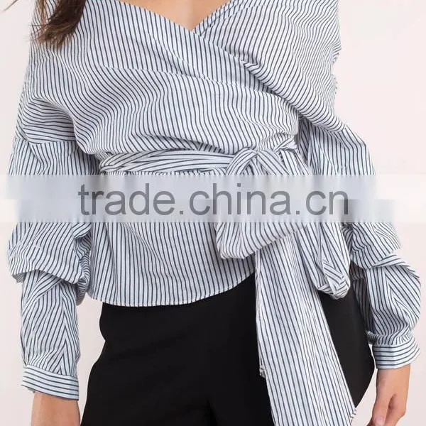 Wrap Neck Women Off Shoulder Stripe Blouse Women photo-3