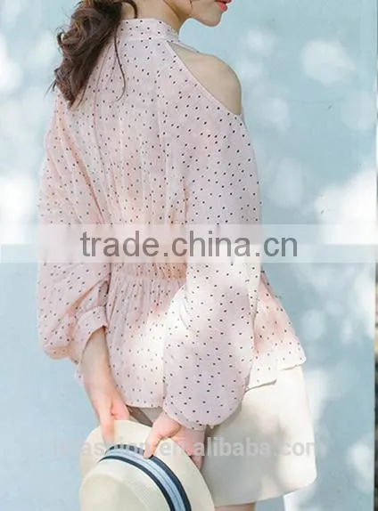 2017 Wholesale Summer Women Tie Neck Cold Shoulder Long Sleeve Print Blouse photo-3