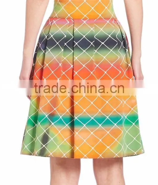 2016 Express Multi Color A-line High-Rise Waist Pleated Cotton Net-Print Midi Knee Length Skirt photo-4