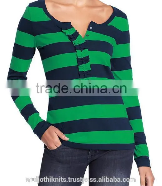WOMEN STRIPED LONG SLEEVE T-SHIRT WITH RUFFLE PLACKET photo-4