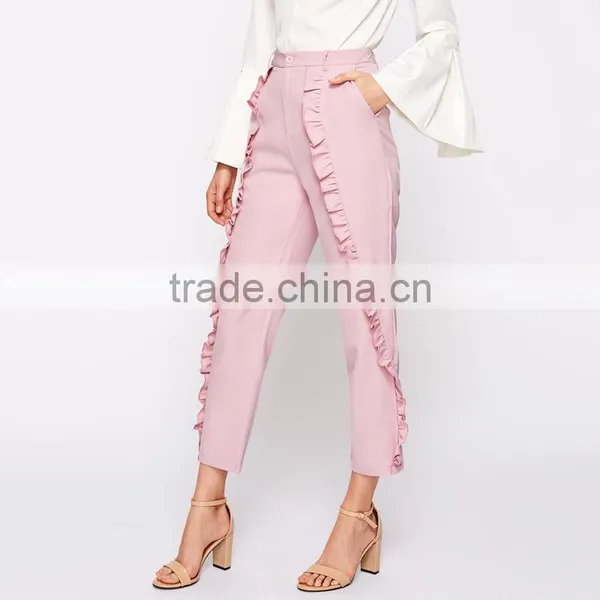 Frilled Women's Tailored Fitted Pants High Waist Pink Cropped Trousers photo-4