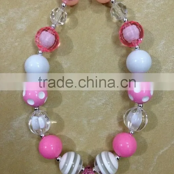 Pink White Chunky Bubblegum Frozen Necklace Resin Stripe Beads Kids Necklace 2014 Wholesale Baby Beads Necklace