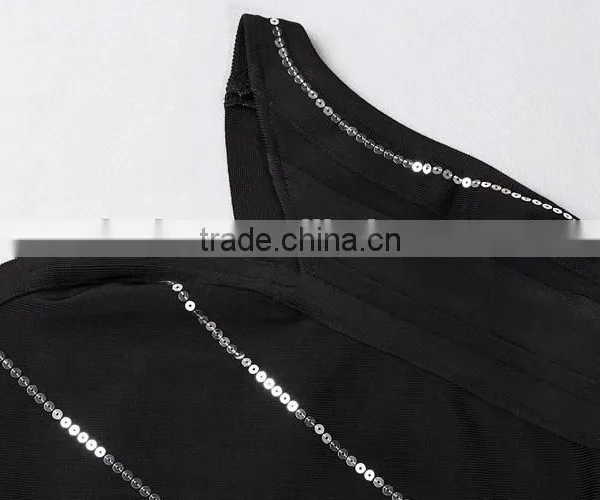 New Designer One Piece Sexy Flash Stripes Black One-shoulder Party Dress photo-6
