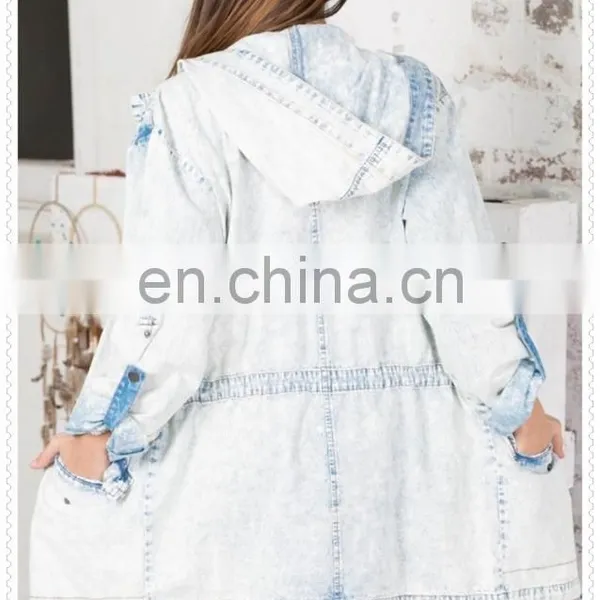 High Quality OEM Garment Oversized Casual Light Blue Women Trench Coat With Hood photo-4