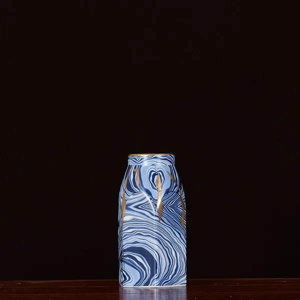 New Chinese Modern Simple Hexagon Electroplate Blue White Stripe Ceramic Vase For Indoor photo-3