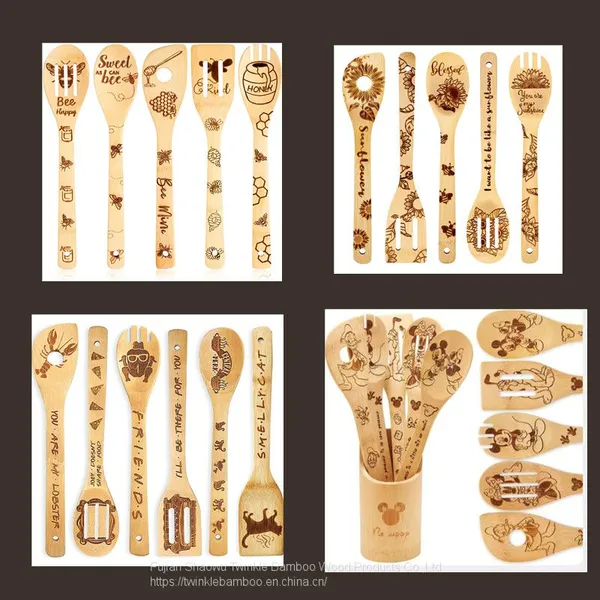 Halloween Bamboo Kitchen Cooking Spoons Set Burned,Christmas Gift Bamboo Cooking Utensil Set Burned,bamboo Wood Spoon Set Sale photo-5
