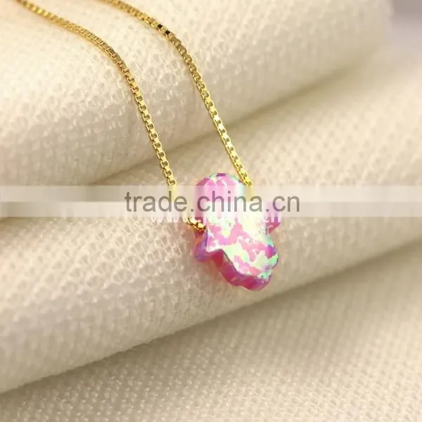 Synthetic 8*10mm Bubble Gum Opal Hamsa Shape 18K Plated Chain 925 Sterling Silver Necklace photo-2