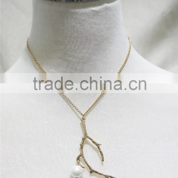 Cheap Short Chain Necklace w/ Goldtone Branch White Pearl Necklace Simple Chain Gold Necklace2016 Fashion Style Wholesale