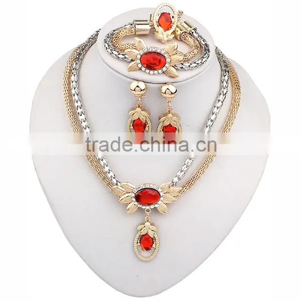 Gold Plated Pendant Statement Crystal Necklace Earrings Bracelet Rings Set for Wedding Jewelry photo-2