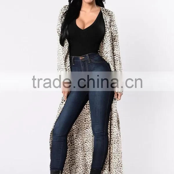 Women Polyester Spandex Blend Satin Leopard Open Front Longline Duster Coat photo-2