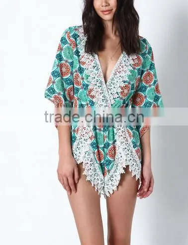 Summer Deep V-neck Back With One Button Fruity Green Crochet Plunge Crepe Romper Short Print Sexy Jumpsuit photo-2