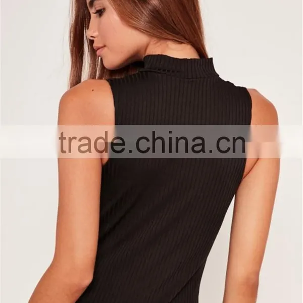 MGOO 2017 Wholesale Zip Up Front Black Bodysuits Ribbed Chocker Neck Fashion Cheap Sleeveless Blouses Custom Design photo-6