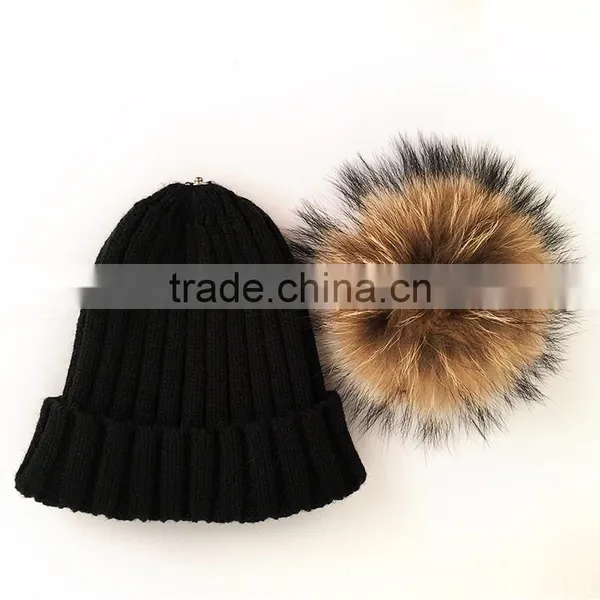 Myfur Adult Couple Beanie Hat With Real Raccoon Fur Bobble Wool Blend Hat photo-3