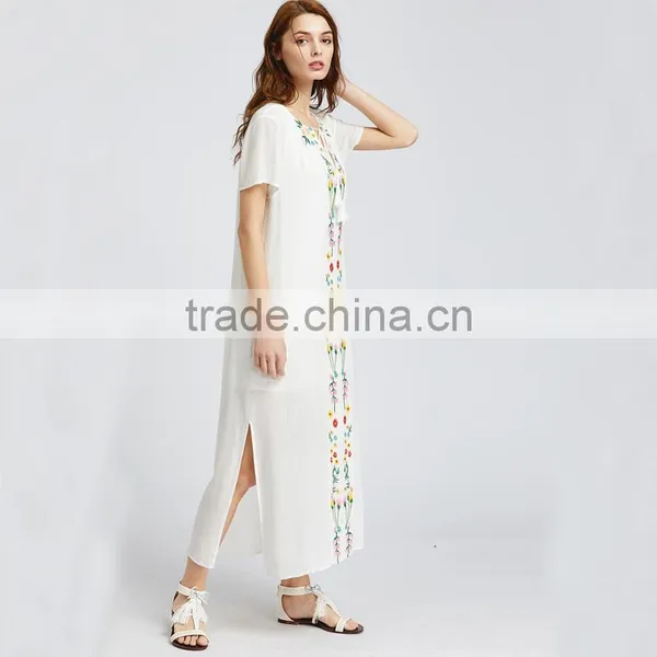 White Short Sleeve Maxi Dress, Women Emboriedered Fashion Mesh Dress photo-2