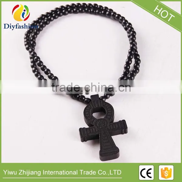 Wooden Hip Hop Cross Pendant With Rosary Beads Chain Men's Jewelry photo-3