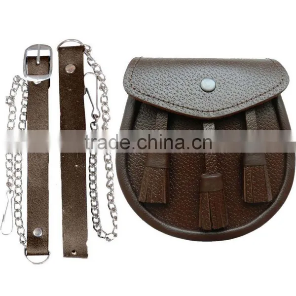 New Scottish Brown Three Tassel Leather Sporran For Kilt With Chain Belt