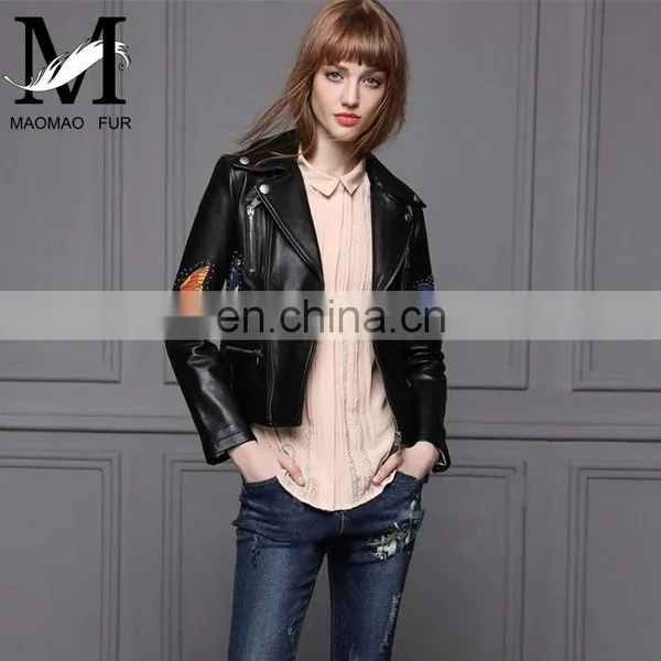 Hot Selling OEM Fashion Latest Womens Jackets Short Sheep Skin Moto Biker Leather Jacket photo-4