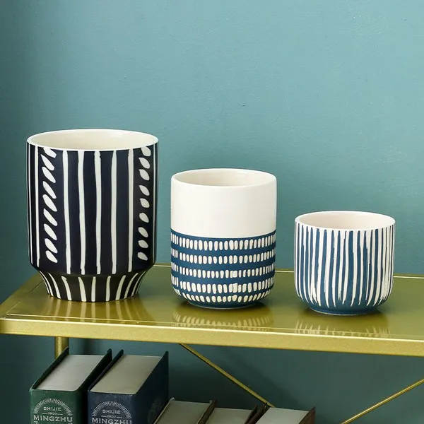 Blue And Yellow Stripe Large Hand Paint Ceramic Flower Pot For Study And Dining Room photo-4