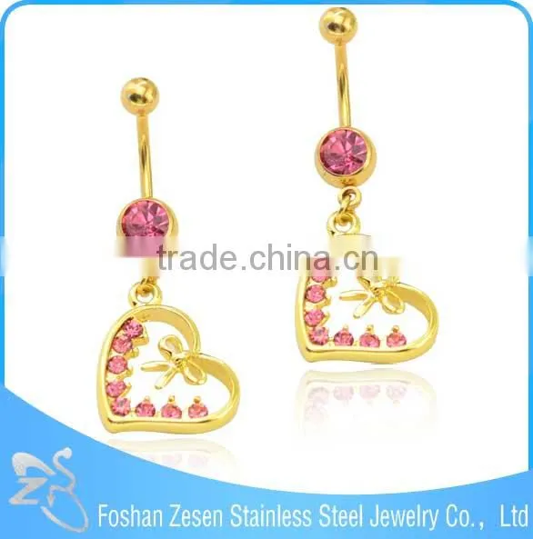 China Manufacturer Surgical Steel Hanging Pink Crystal Heart Bow Belly Ring photo-5