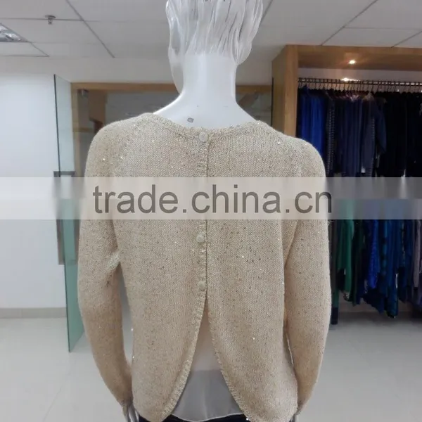 High Quality Fake 2 Piece Set Sequin Yarn Crew Neck Long Sleeve Sweater Back Panel Chiffon photo-2