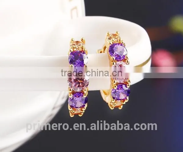 Hot Sell Gold Plated Purple Crystal Jewelry Round Zirconia Design Earrings Chinese photo-6