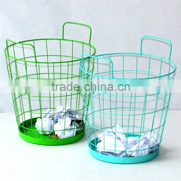 Office Stationery Metal Wire Round Waste Bin With Handle Paper Trash Basket