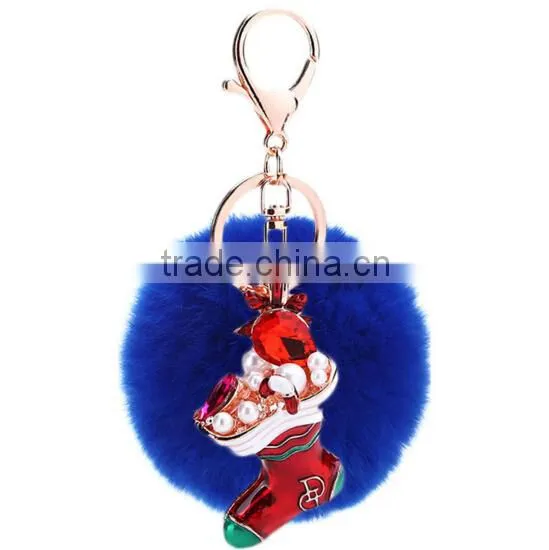 Christmas Stocking Pendant Keychain With White Rabbit Fur Ball photo-2