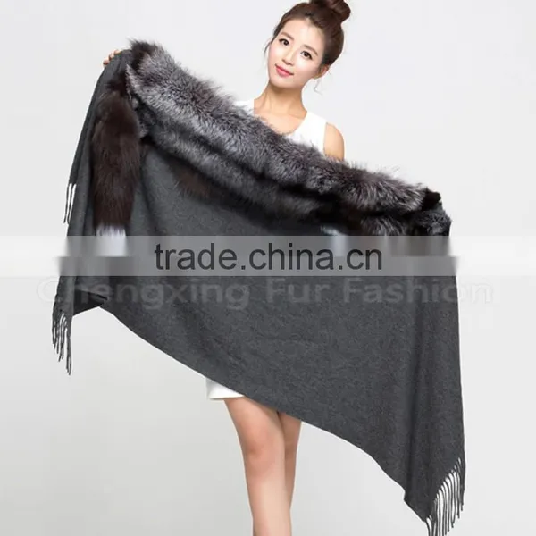 CX-B-P-53B Tassels Decoration Women's Fashion Fox Fur Trim Pashmina Shawl photo-2