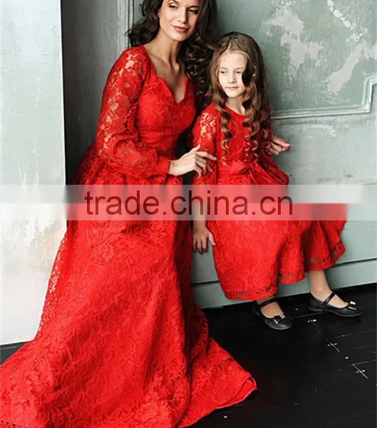 Red Long Sleeve Maxi Dress A Line Mommy And Me Lace Women Baby Party Dress photo-2