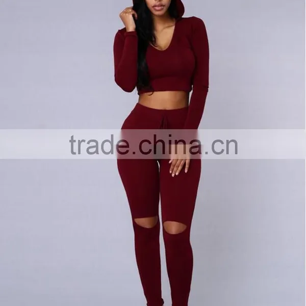 2016 New Women's Hole Crop Top Hoodie Set ,Christmas Sweater ,2Pcs Plain Tracksuit Woman Active Hoodies Sweatshirt Tracksuits photo-4