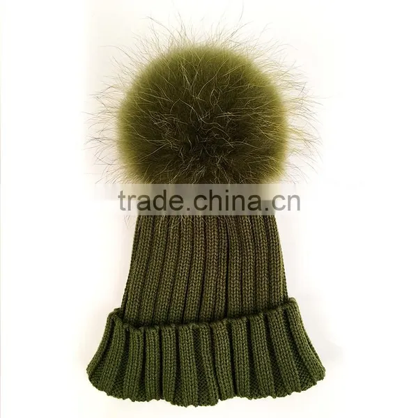 Myfur Classical Raccoon Fur Attached Pom Pom Beanie Adult Khaki Green Winter Cap photo-2
