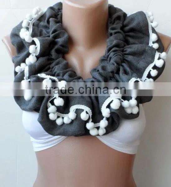 Scarf,Gray Loop Scarf, Ruffle Scarf, Gray Infinity Scarf, Circle, Gray Pashmina,Christmas Scarfs, Pompom Scarf, Fashion,cowl Sca photo-3