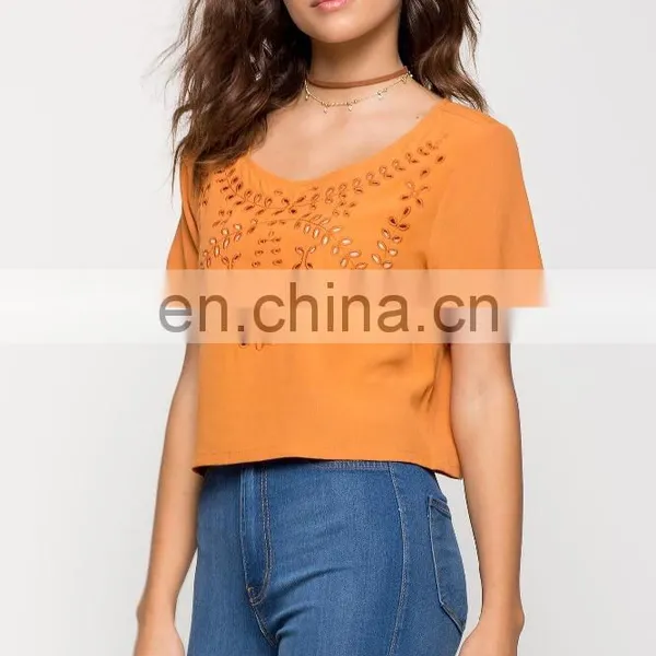 Custom Laser Cut Loose Fit Woman T-shirt Wholesale photo-6