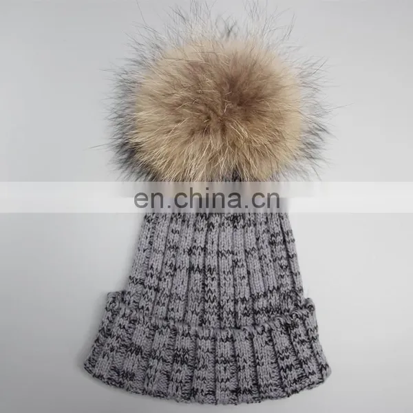 Winter Lady Knit Beanie Hat With Real Raccoon Fur Ball photo-5