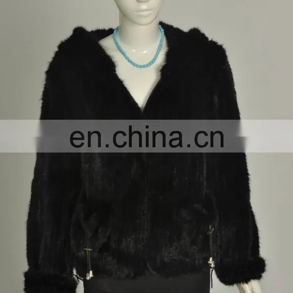 Knitted Mink Fur Coat With Hood North American Canada Style Bomber Jacket photo-3
