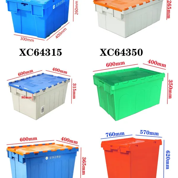 Heavy Duty Plastic Nestable Moving Crates Stackable Storage Attached Lid Tote Plastic Storage Bins with Lids