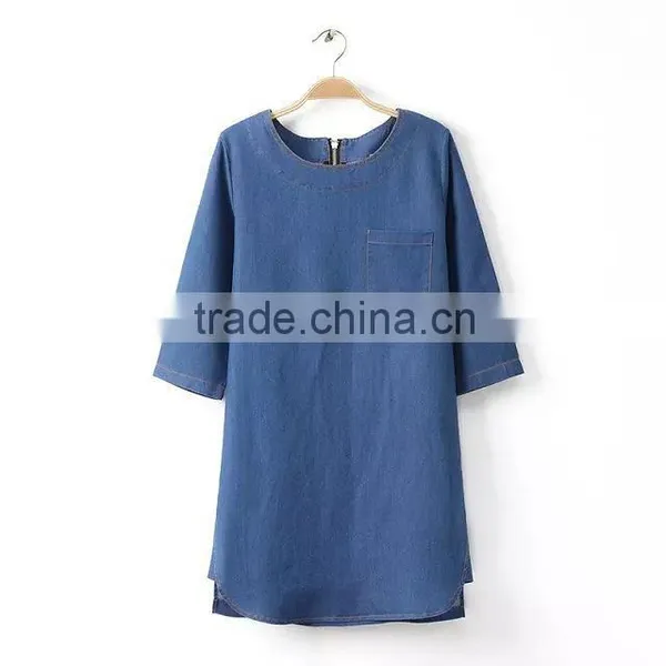 2015 New Arrival Latest Half Sleeve Denim Woman Dress Blue Denim Woman Dress photo-4