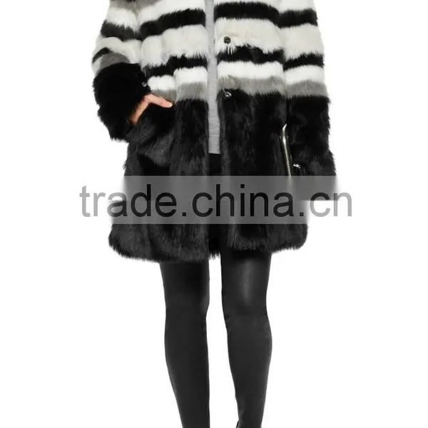 NEW Design Stripe Long Jacket Winter Women Jacket Fur Striped Faux Fur Coat photo-3