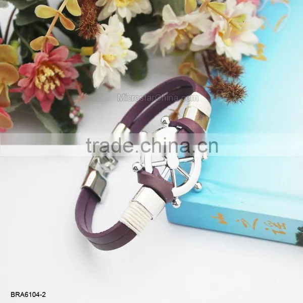 Fashion Black Leather Rudder Charm Bracelet photo-2