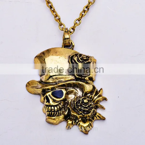 Hiphop Imitation Jewelry Halloween Necklace Punk Skull Pendant With Flower Statment Necklace Sweater Chain Yiwu Factory photo-2