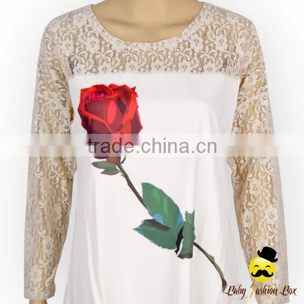 Korean Style Cheap Adult Women Transparent Lace Floral Long Sleeve Rose Printed Cotton Raglan Lady T Shirt Top Blouse photo-3
